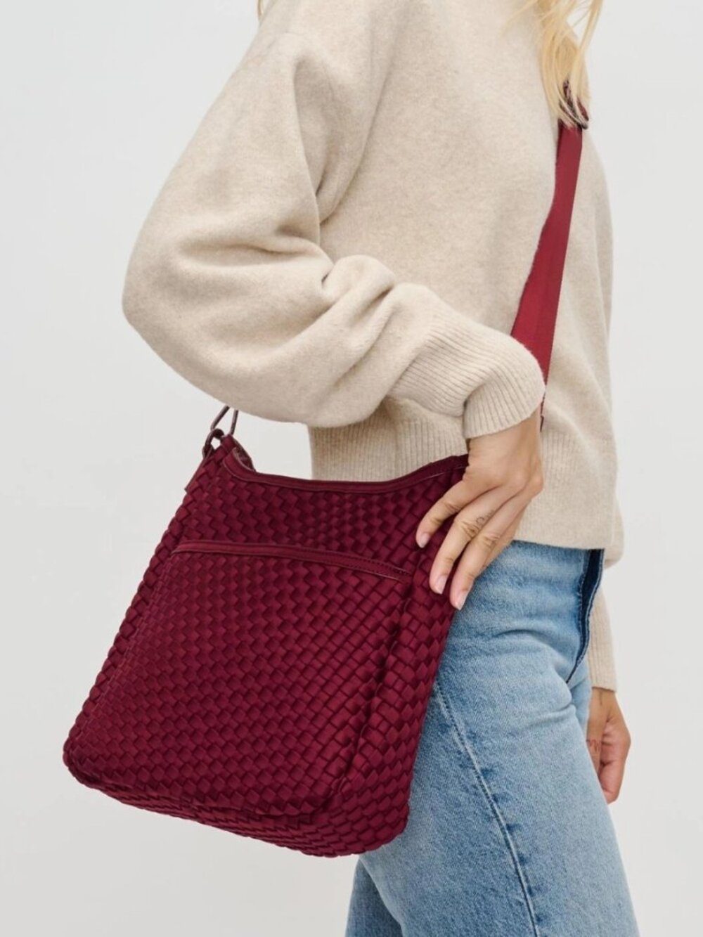 Sol & Selene Kismet Woven Neoprene Wine Tote Crossbody Shoulder Handbag NWT